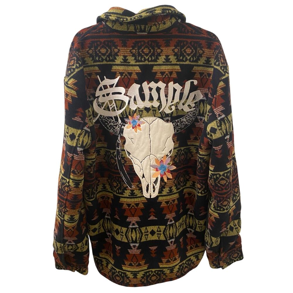 Sample Industries Aztec Fleece Jacket Bull Skull Embroidered Western Tribal L